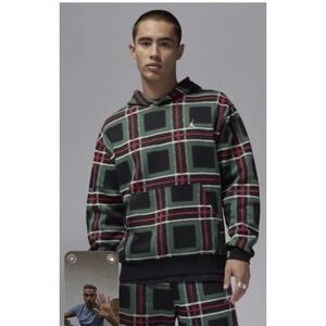 Nike Jordan Plaid Green/Red Fleece Pullover Holiday Hoodie Sz XL FV7458-010